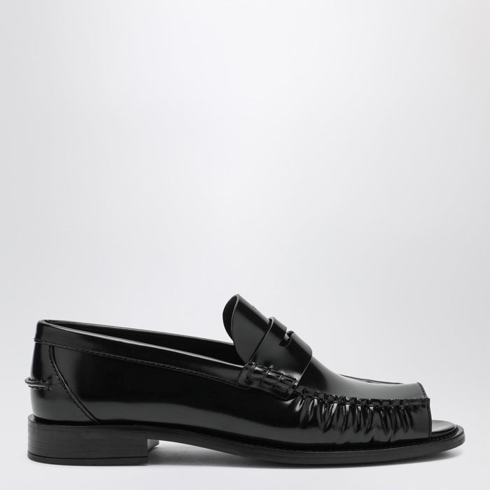 Prada Black Brushed Leather Peep-Toe Loafers