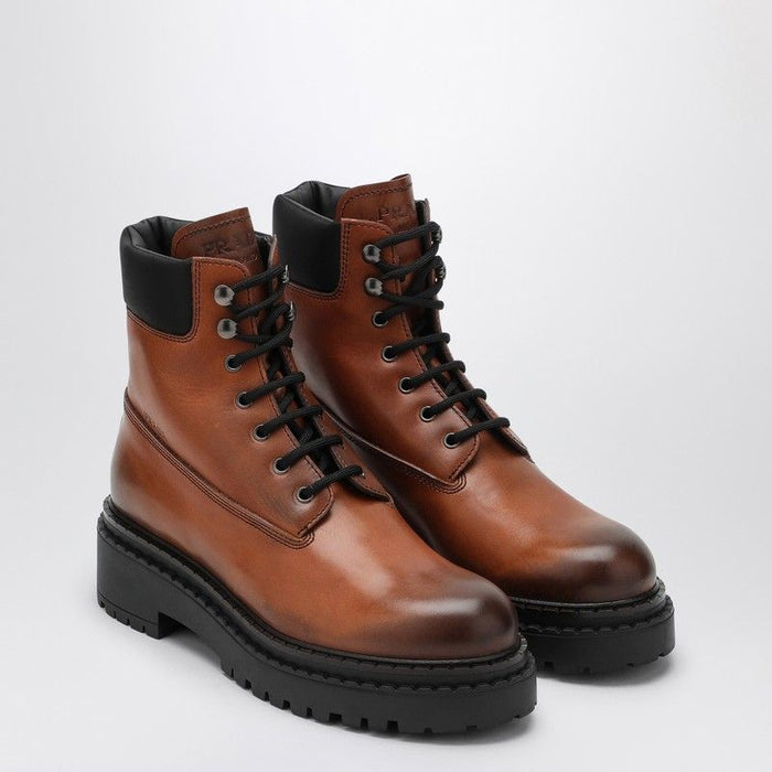Prada  Cognac-Coloured Ankle Boots In Leather And Re-Nylon
