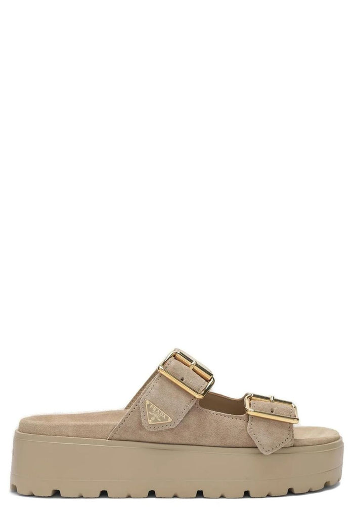 Prada Triangle Logo Slip On Sandals