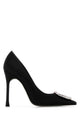 Amina Muaddi Camelia Pump 105 Satin Black + White Buckle 105 Mm