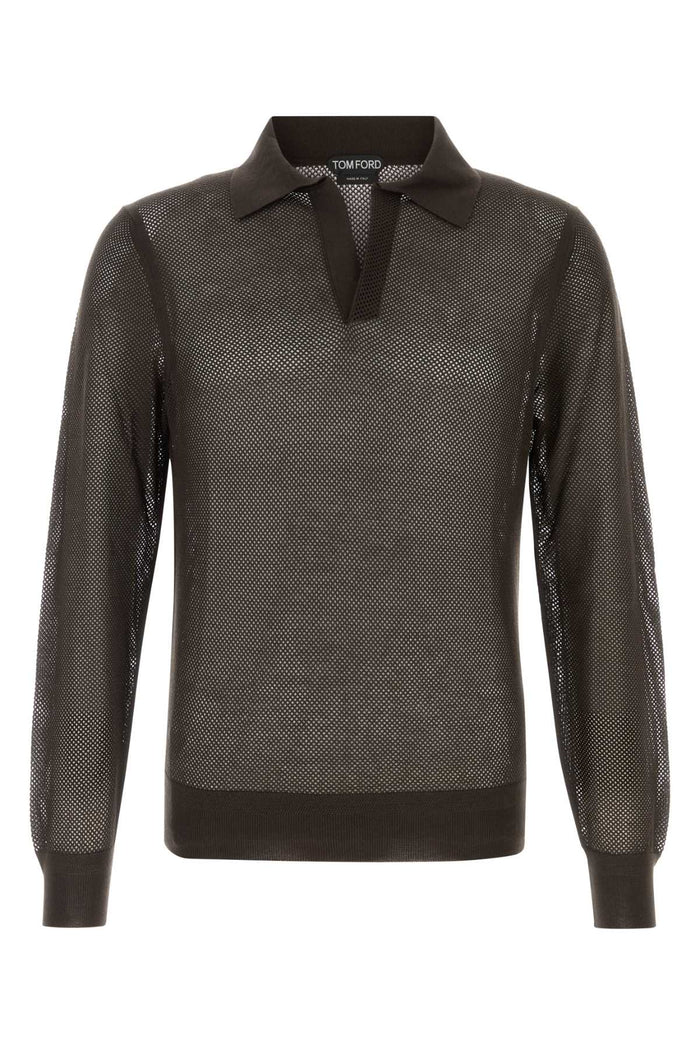 Tom Ford 18Gg Cotton Silk Mesh Ls Buttonless Polo