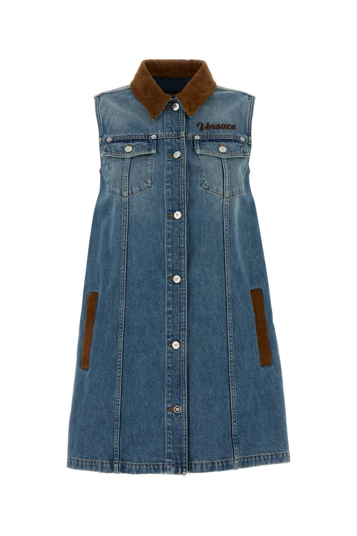 Versace Dress Denim Stone Wash Softened With Leather Inser