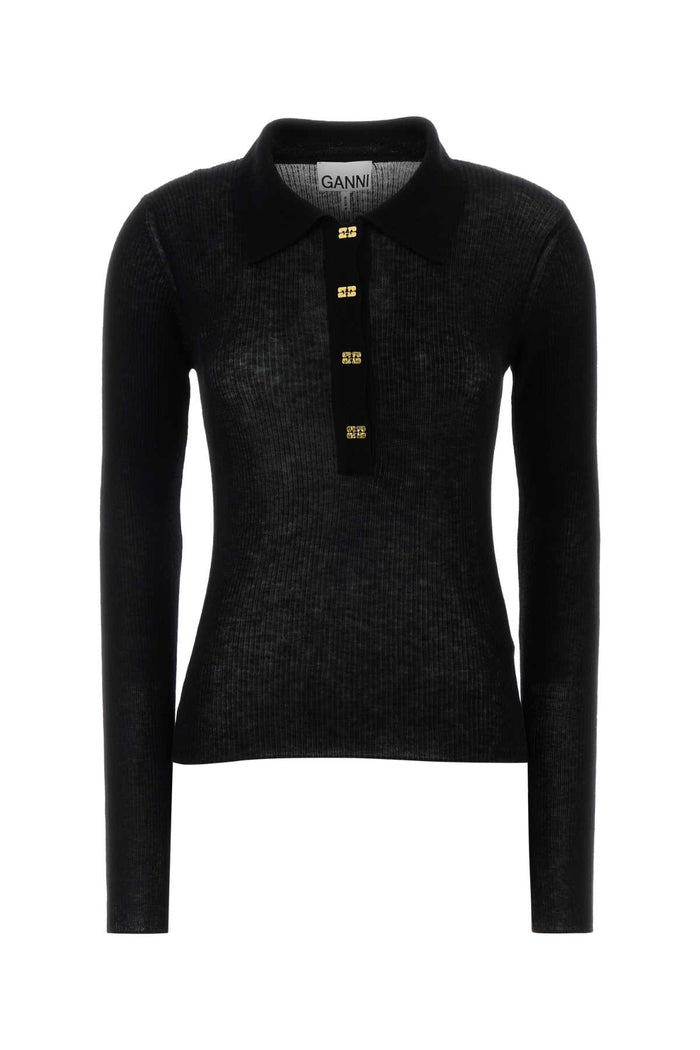 Ganni Sheer Wool Ribbed Polo