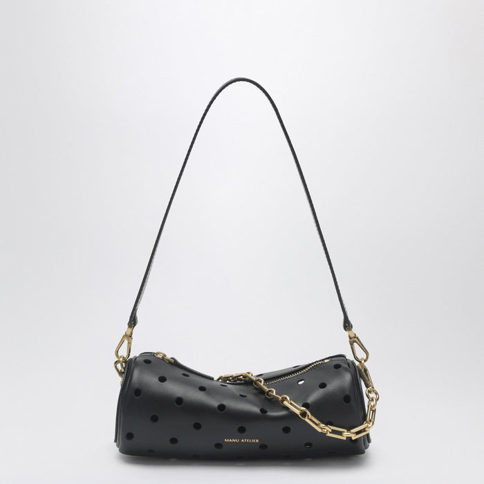 Manu Atelier Mini Cylinder Bag In Perforated Black Leather