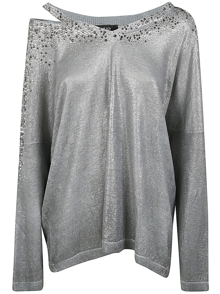 Avant Toi Linen Cotton V-Neck Pullover With Lamination And Strass