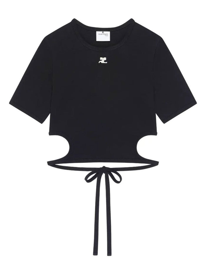 Courregès Ribbon Cut Out Black Cotton T-Shirt