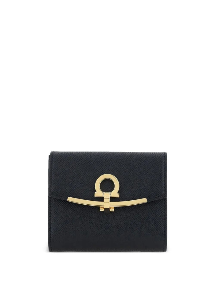 Ferragamo Hammered Leather Gold Gancini Compact Wallet