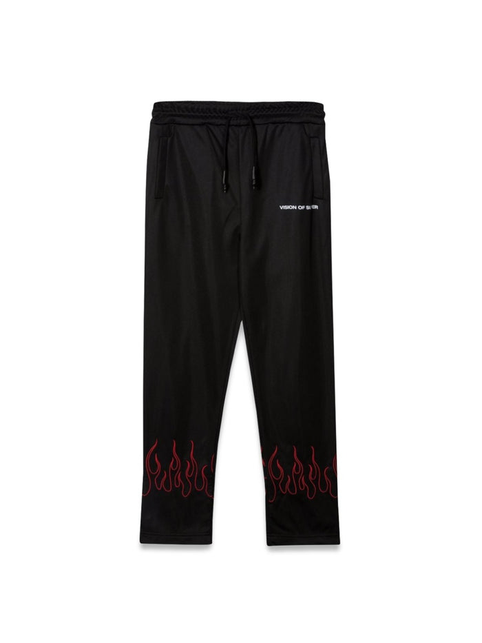 Vision Of Super Black Pants With Red Embroidered Flames