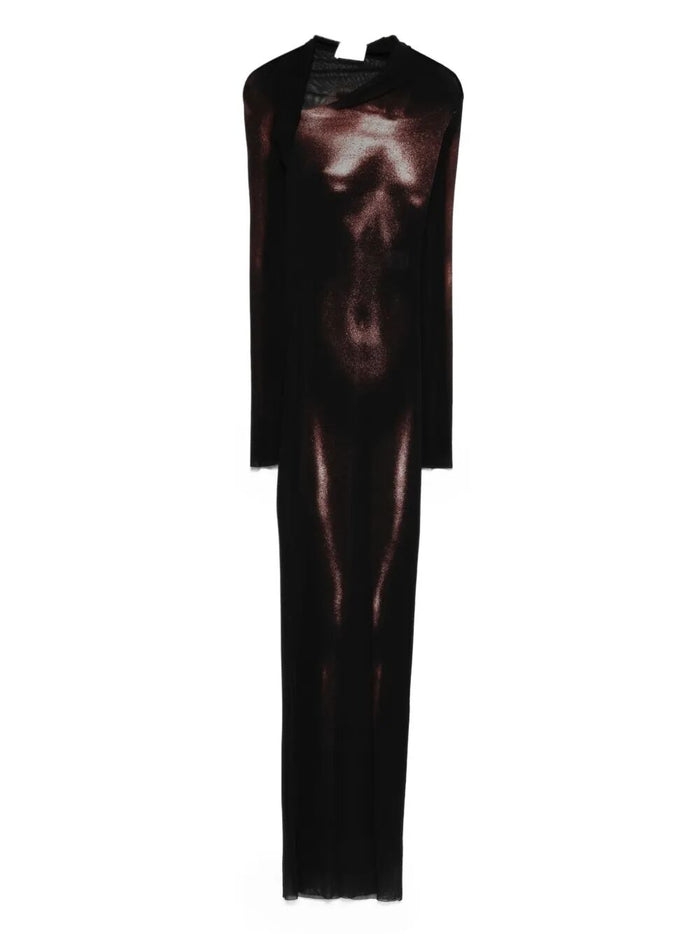 Jean Paul Gaultier Mesh Asymetric Collar Long Dress Printed "Body Dust"