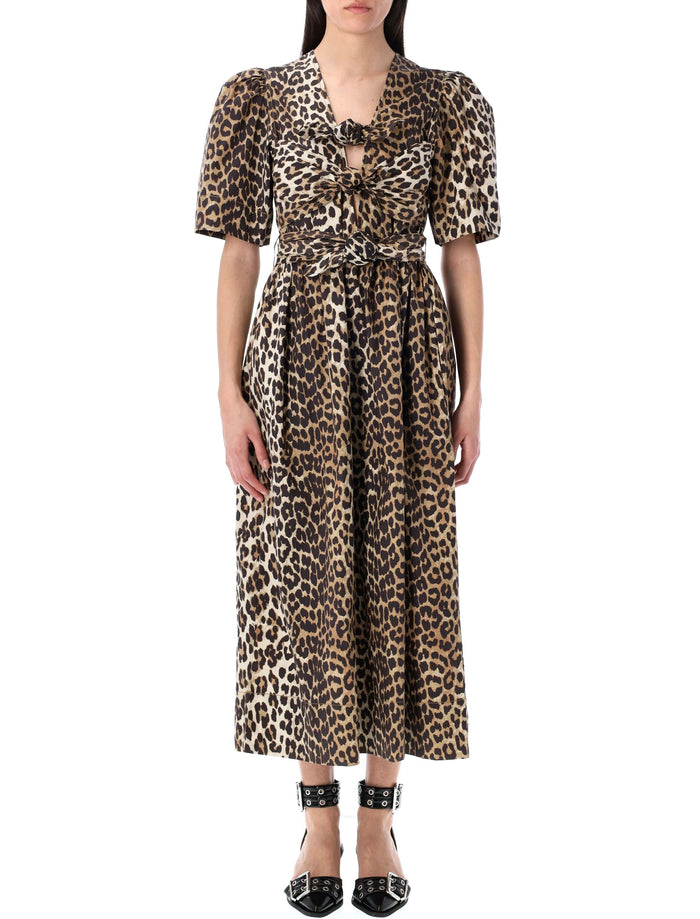 Ganni Leopard Printed Tie Strap Midi Dress