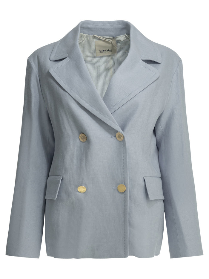 Max Mara S Double-Breasted Light Blue Linen Blazer