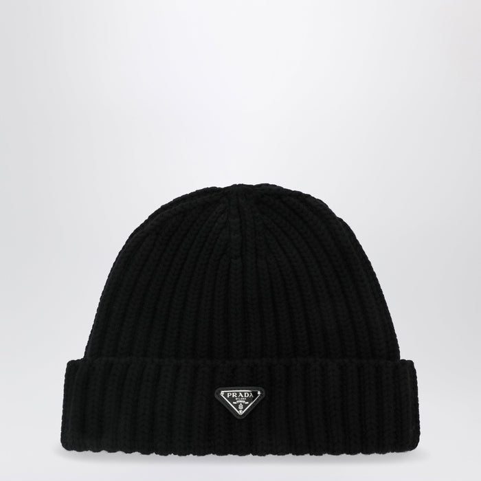 Prada Black Virgin Wool Beanie With Enamelled Triangle Logo