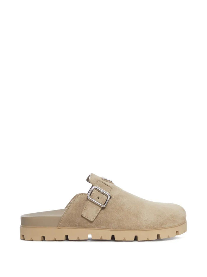 Prada Logo Buckle Suede Mules