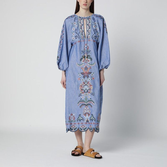 Farm Rio Light Blue Blue Garden Tapestry Midi Dress