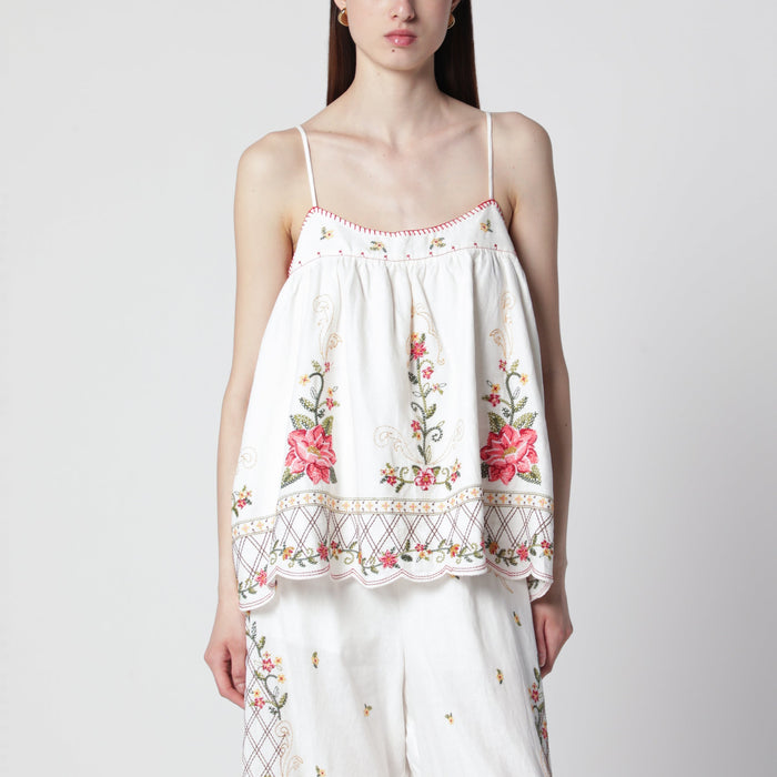 Farm Rio Linen-Blend Top With Floral Embroidery