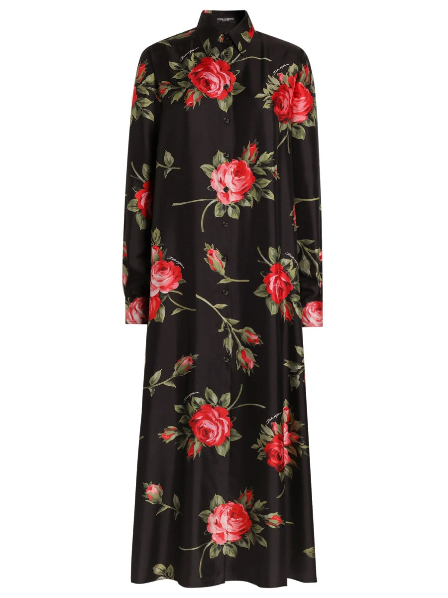 Dolce & Gabbana Rose Bouquet Print Twill Long Dress