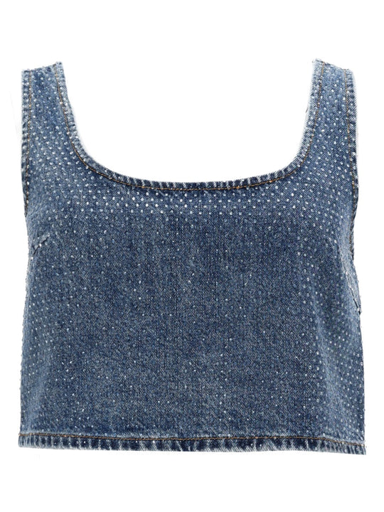 Self-Portrait Denim Crop Top With Rhinestones
