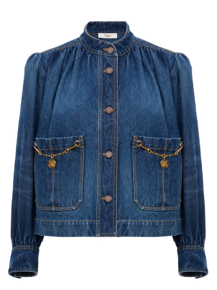 Chloé Denim High Neck Gathered Jacket