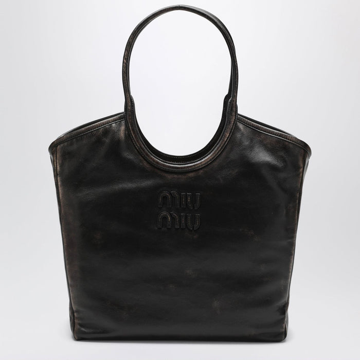 Miu Miu Ivy Shopping Tote In Lambskin Leather, Coffee