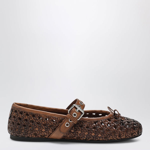 Miu Miu Perforated Leather Ballerinas In Cognac Color