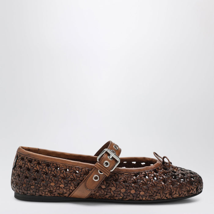 Miu Miu Perforated Leather Ballerinas In Cognac Color