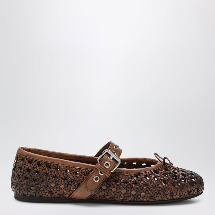 Miu Miu Perforated Leather Ballerinas In Cognac Color