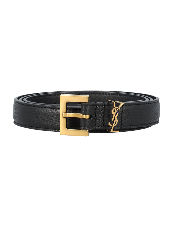 Saint Laurent Cassandre Thin Belt With Square Buckle In Grained Leather