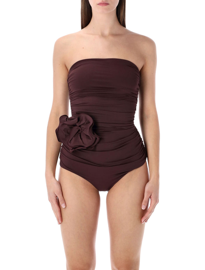 Magda Butrym Magda Butrym Burgundy Floral Draped Swimsuit