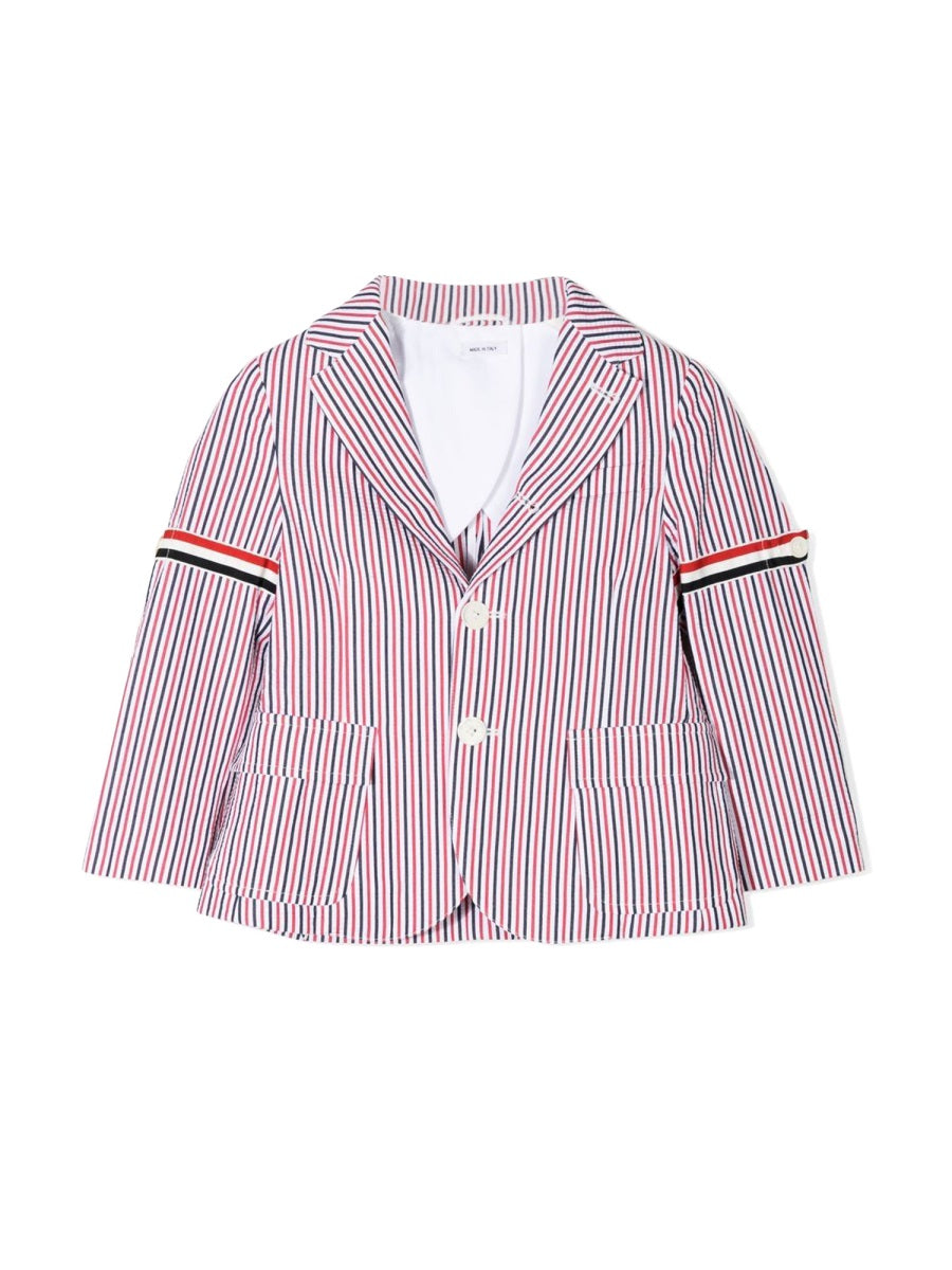 Thom Browne Patch Pocket Sport Coat W/ Rwb Armbands In Seersucker Stripe