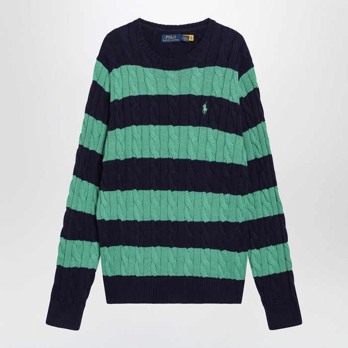 Polo Ralph Lauren Navy Blue/Green Striped Cable Knit Sweater