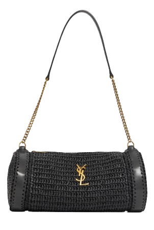 Saint Laurent Black Raffia And Leather Cassandre Shoulder Bag
