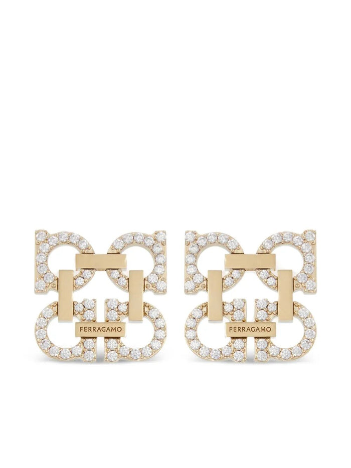 Ferragamo Crystal Embellished Four Gancini Clip On Earrings