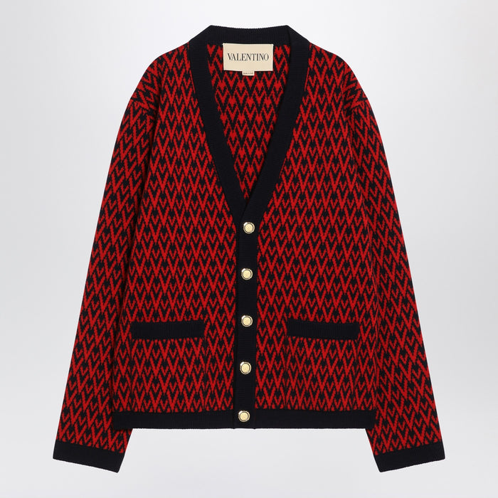 Valentino Jacquard Patterned Cardigan Toute La V Red/Navy Blue