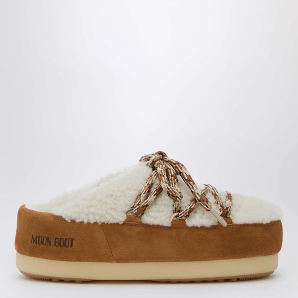 Moon Boot White Shearling And Suede Mules