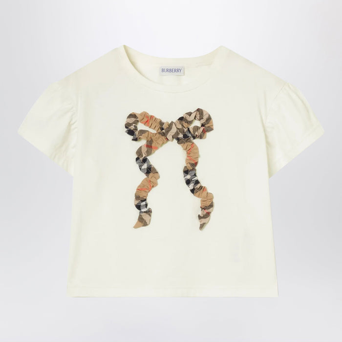 Burberry Chalk White T-Shirt With Bow With Checked Pattern