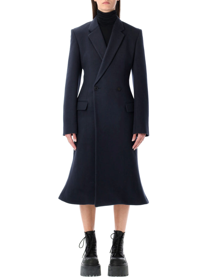 Balenciaga Navy Blue Midi Godet Wool Coat