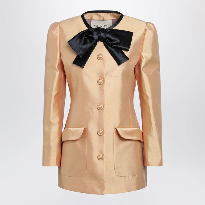 Valentino Pea Coat In Shantung In Melon/Black