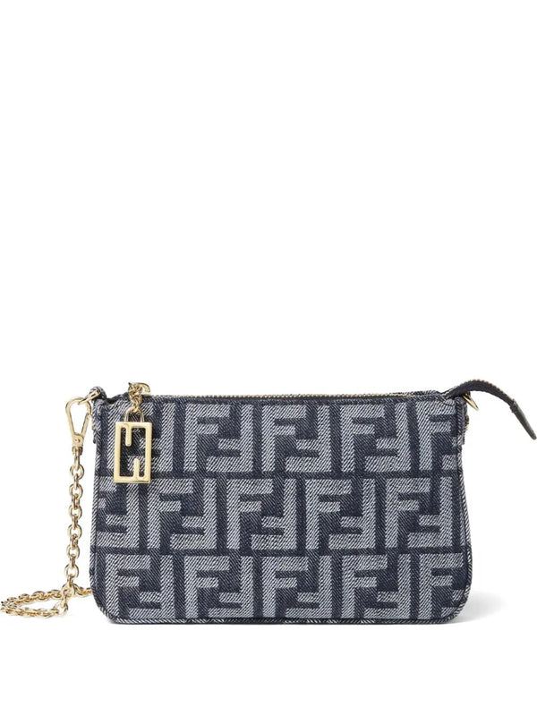 Fendi Baguette Pouch In Blue Denimeffect Ff Jacquard