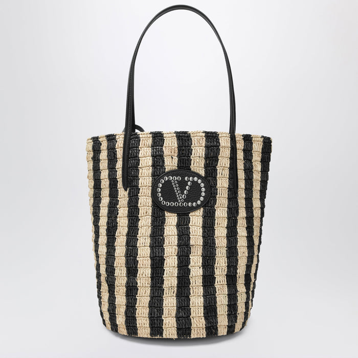 Valentino Garavani Striped Shoulder Bag In Raffia And Leather