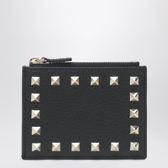 Valentino Garavani Black Leather Rockstud Zip Card Holder