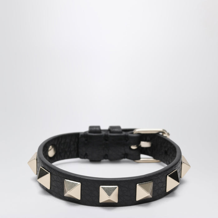 Valentino Garavani Black Leather Rockstud Bracelet With Gold-Tone Studs