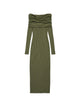 Balenciaga Crafted From A Semi-Transparent Cotton Jersey Blend In A Military Green Hue, This Sophisticated Balenciaga Long-Sleeve Off-Shoulder Dress From The Fall-Winter 2026 Collection Features An Eleg