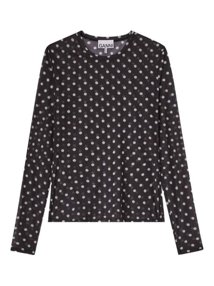 Ganni Printed Sheer Long-Sleeve Top