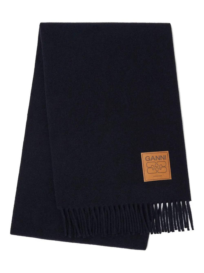 Ganni Fringed Scarf With Logo Plaque