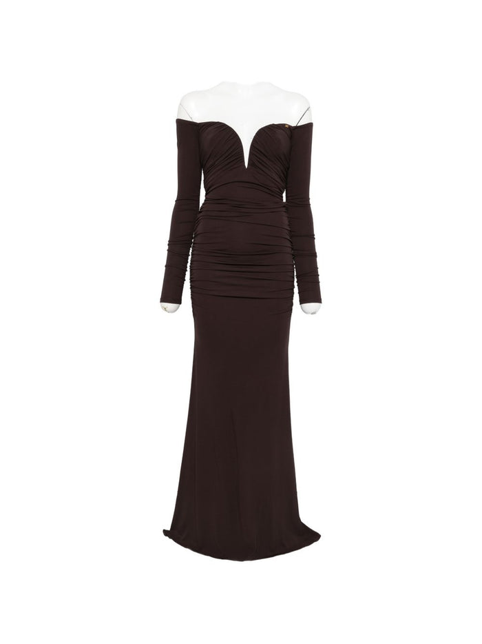 Elisabetta Franchi Brown Off-The-Shoulder Gathered Dress