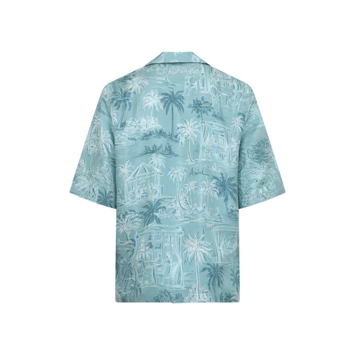 Amiri Ceramic Teal Blue Silk Chateau Sketch Bowling Shirt