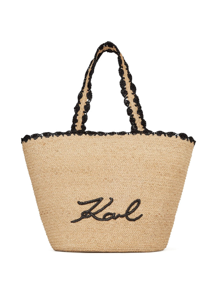 Karl Lagerfeld Natural Raffia Basket Bag Black Logo