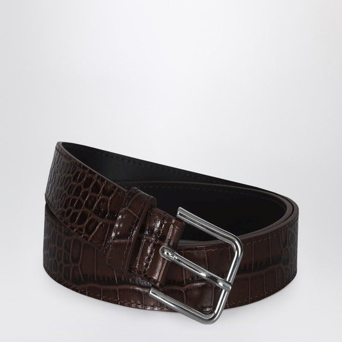 The Frankie Shop Toni Croc Belt In Brown Patent Leather With Silvertone Hardware