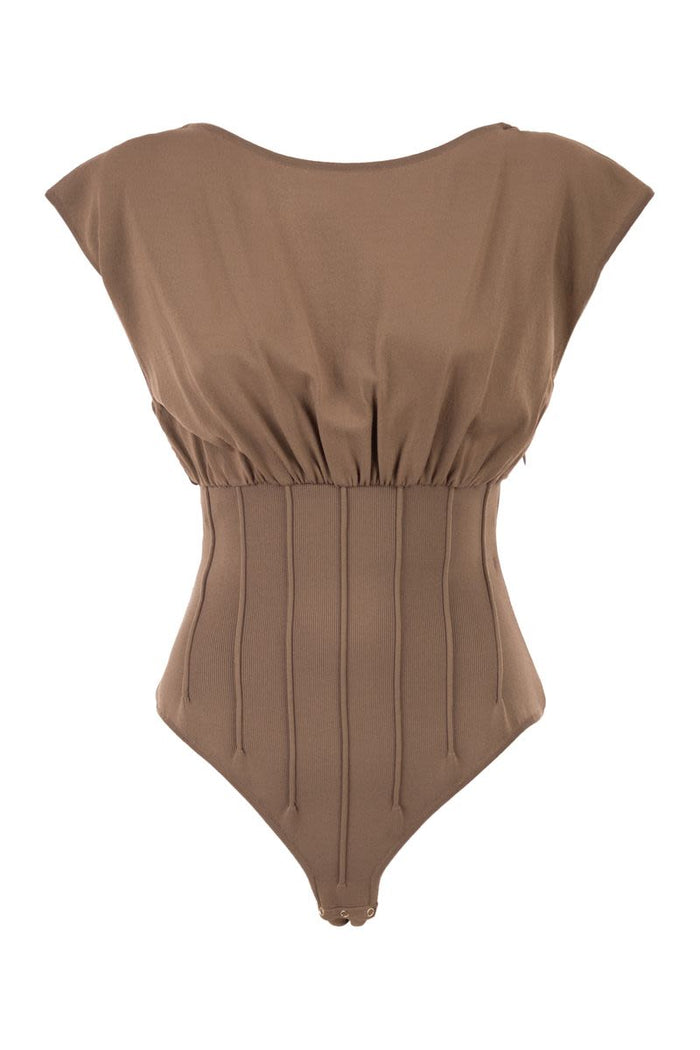 Elisabetta Franchi Knit Bodysuit With Deep Neckline And Jewel Detail