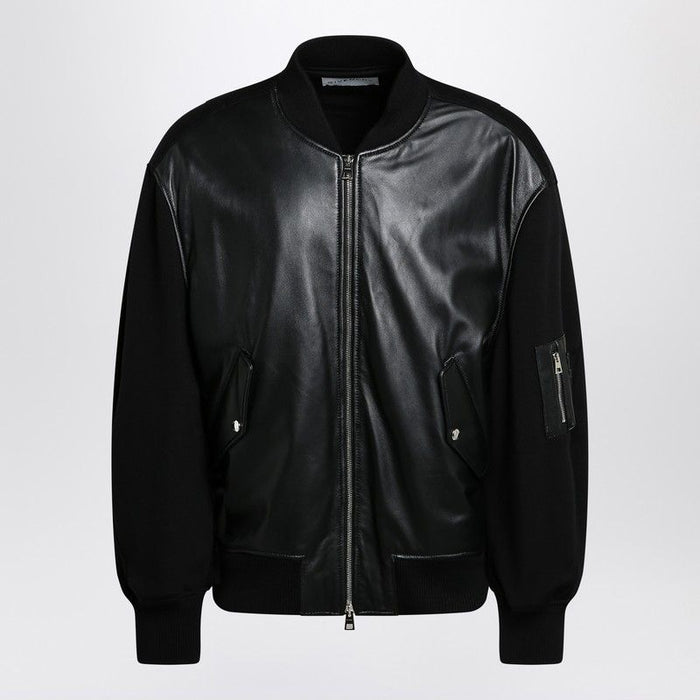 Givenchy  Black Leather Bomber Jacket With Wool Sleeves